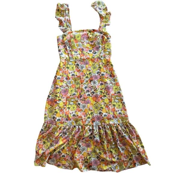 BCBGeneration Yellow Ruffle Floral Print Midi Dress Size Medium Storybook - Picture 3 of 8